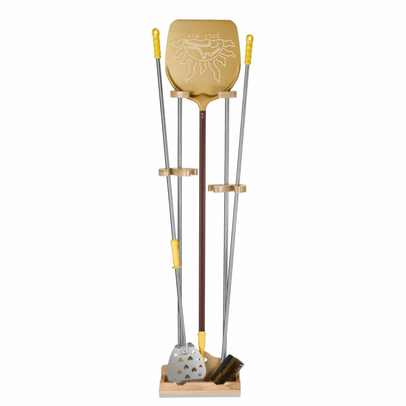 Supporto universale 3 posti in acciaio inox e legno, completo di poggia pale in legno