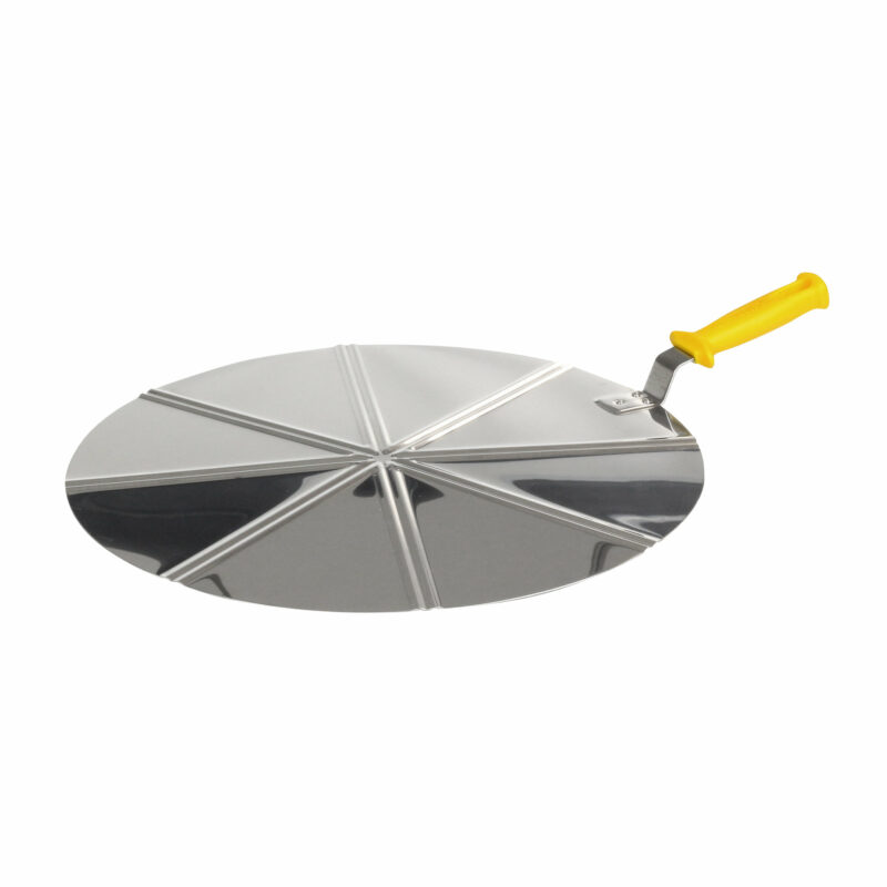 Stainless steel pizza cutter, with grooves for 6 servings