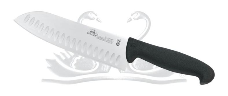 Coltello da cuoco Santoku con lama in acciaio inox al nitrogeno con alveoli, manico nero, lunghezza lama 18cm