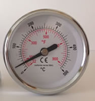 Termometro pirometrico bimetallico per forno a legna, con gambo posteriore di 30 cm range 0°/500°